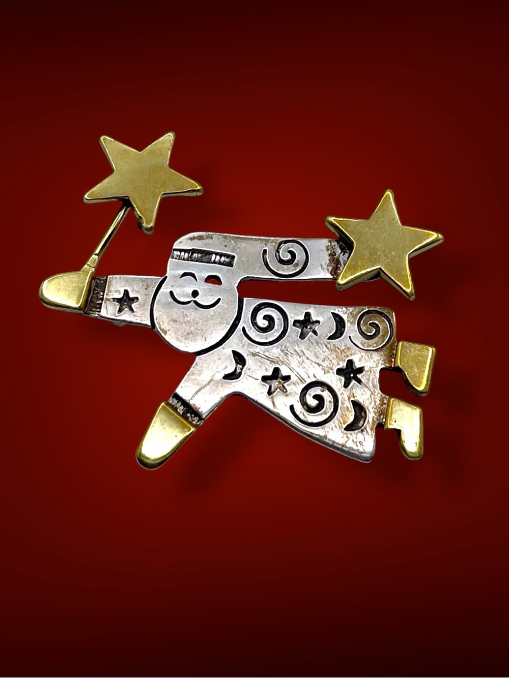 Vintage Sterling Silver & Brass Flying Celestial Santa Claus Christmas Brooch